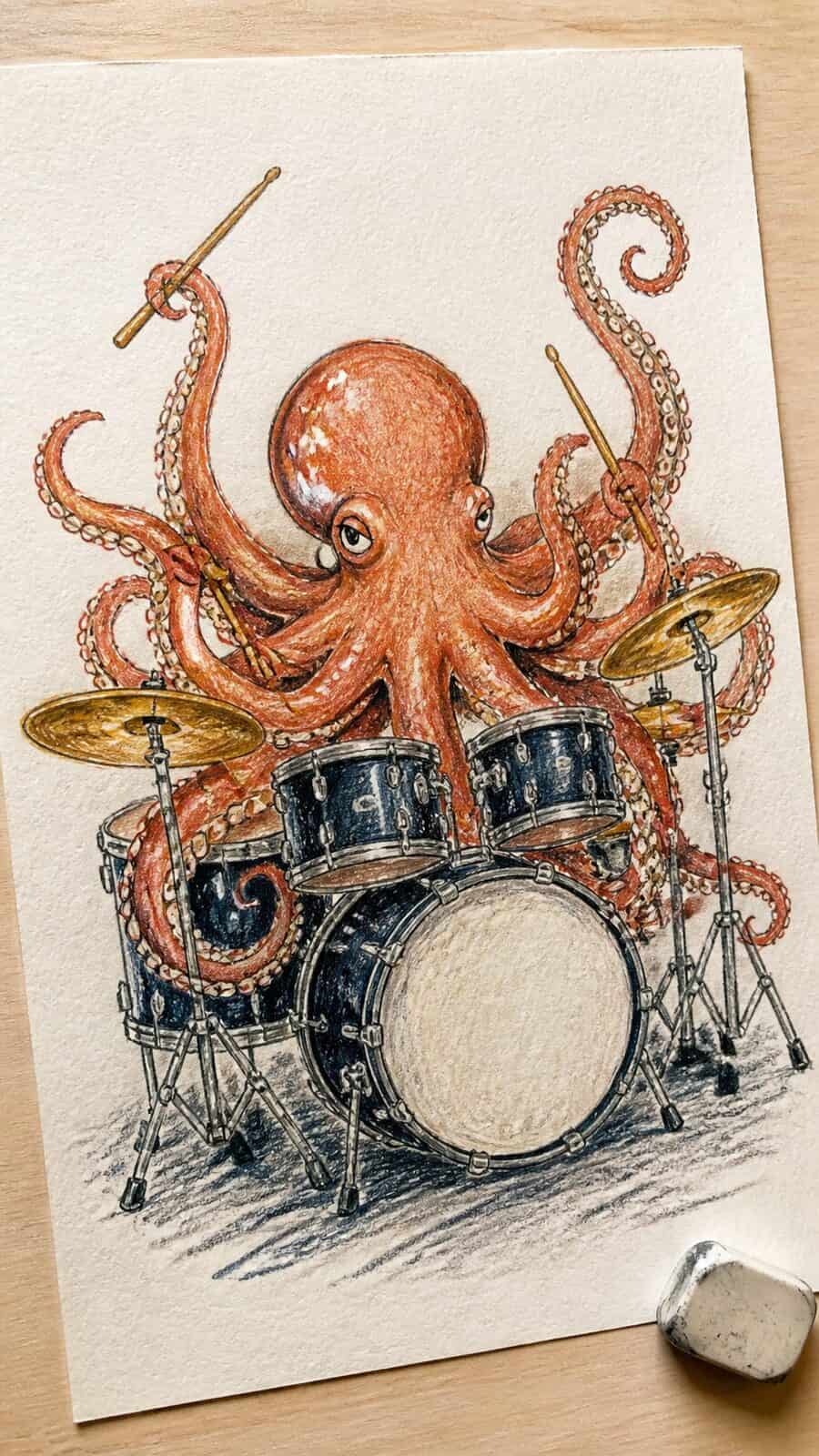 20 Hilarious Drawing Ideas Guaranteed to Make You Laugh 17 Hand-drawn octopus playing the drums in colored-pencil and gouache drawing on textured paper, shown in a slightly off-center overhead — study 1