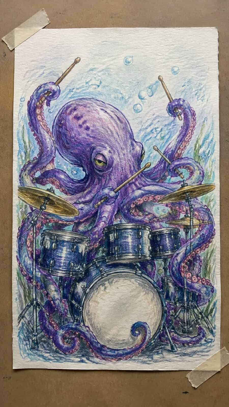 20 Hilarious Drawing Ideas Guaranteed to Make You Laugh 18 Hand-drawn octopus playing the drums in colored-pencil and gouache drawing on textured paper, shown in a straight overhead view — study 2