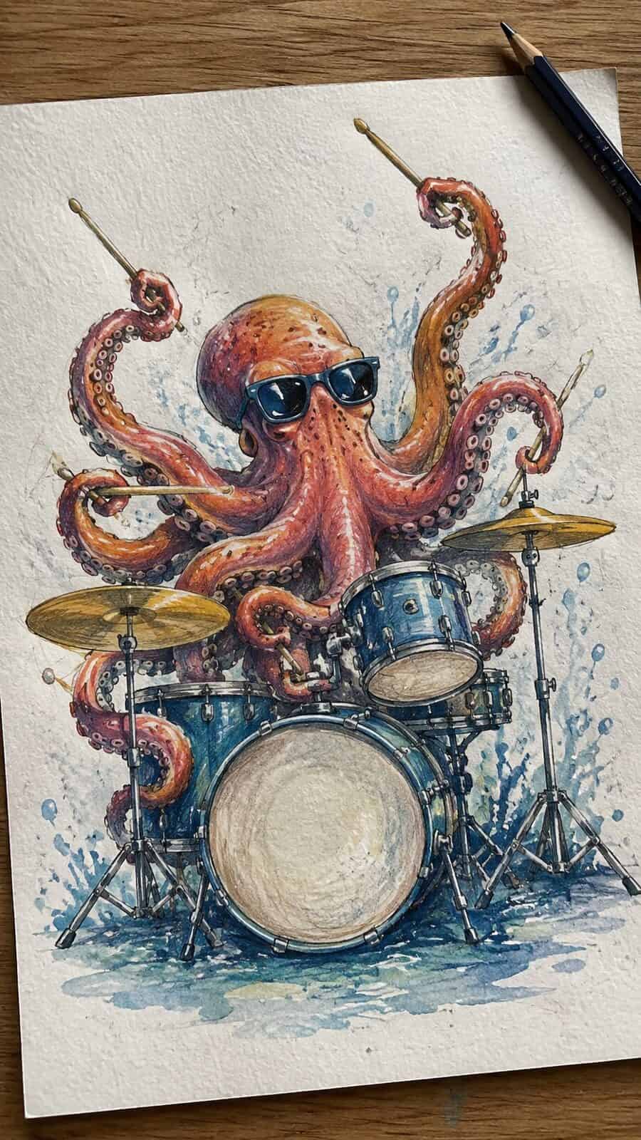 20 Hilarious Drawing Ideas Guaranteed to Make You Laugh 19 Hand-drawn octopus playing the drums in colored-pencil and gouache drawing on textured paper, shown in a gentle oblique desk view that — study 3