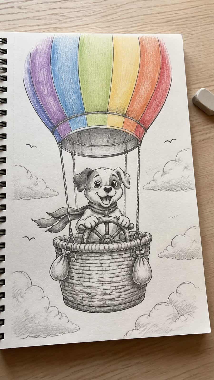 20 Hilarious Drawing Ideas Guaranteed to Make You Laugh 20 Hand-drawn puppy piloting a hot air balloon in mixed-media hand drawing on textured paper, shown in a gentle oblique desk view that — study 1
