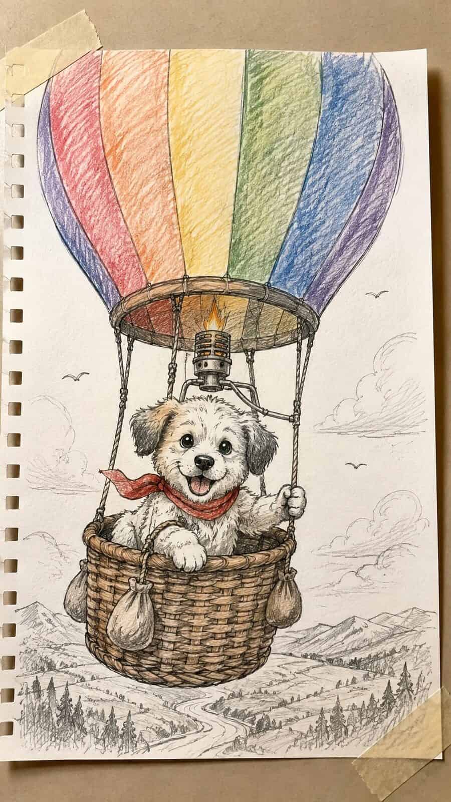 20 Hilarious Drawing Ideas Guaranteed to Make You Laugh 21 Hand-drawn puppy piloting a hot air balloon in mixed-media hand drawing on textured paper, shown in a close overhead crop — study 2