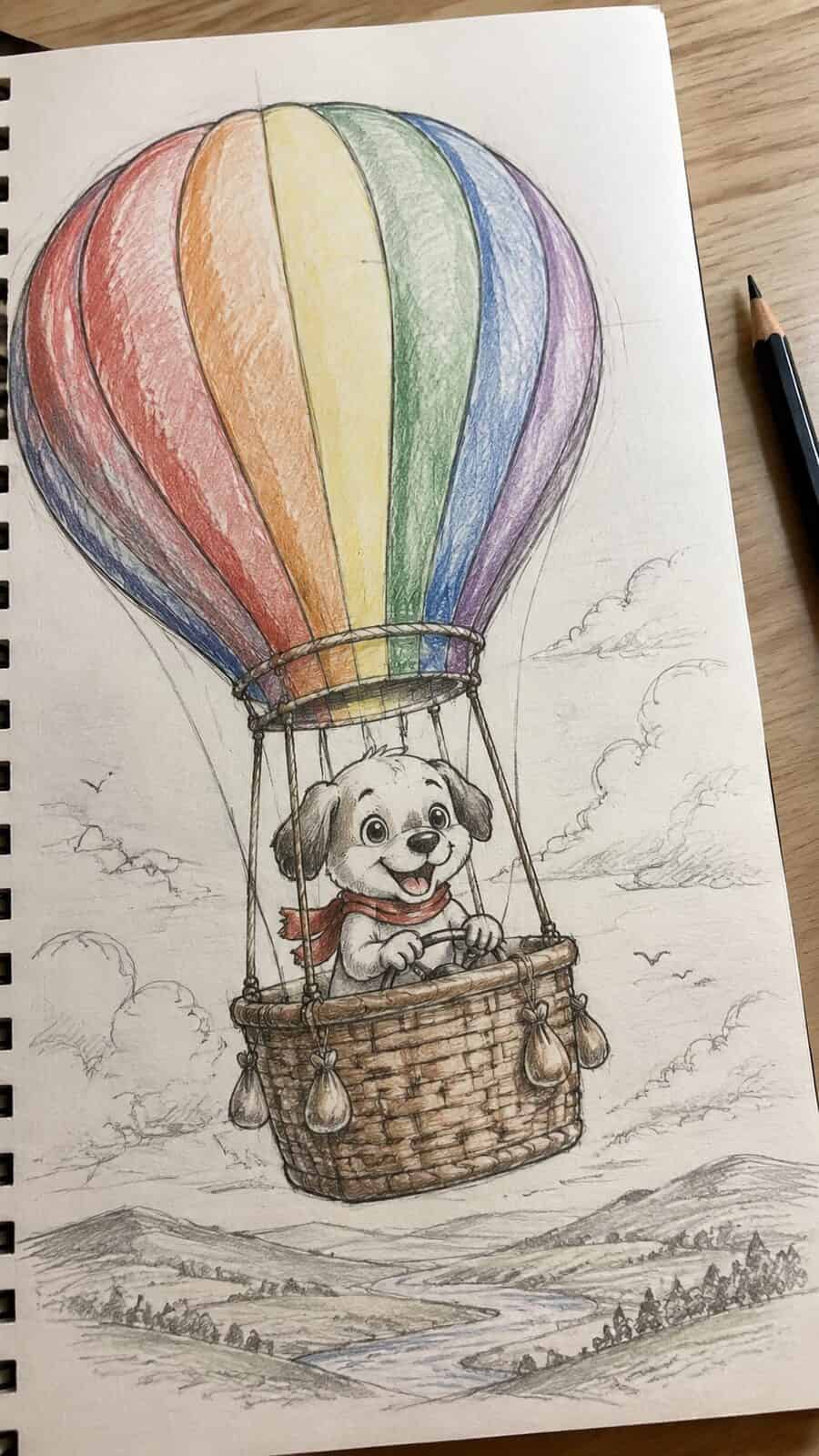 20 Hilarious Drawing Ideas Guaranteed to Make You Laugh 22 Hand-drawn puppy piloting a hot air balloon in mixed-media hand drawing on textured paper, shown in a slightly off-center overhead — study 3