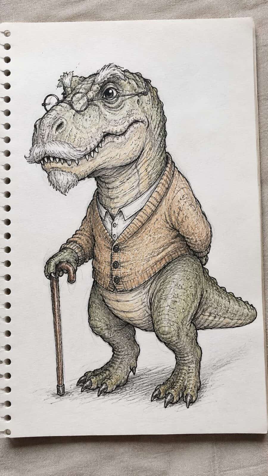20 Hilarious Drawing Ideas Guaranteed to Make You Laugh 23 Hand-drawn the grandpasaurus rex in ink and colored-pencil drawing on textured paper, shown in a slightly off-center overhead — study 1