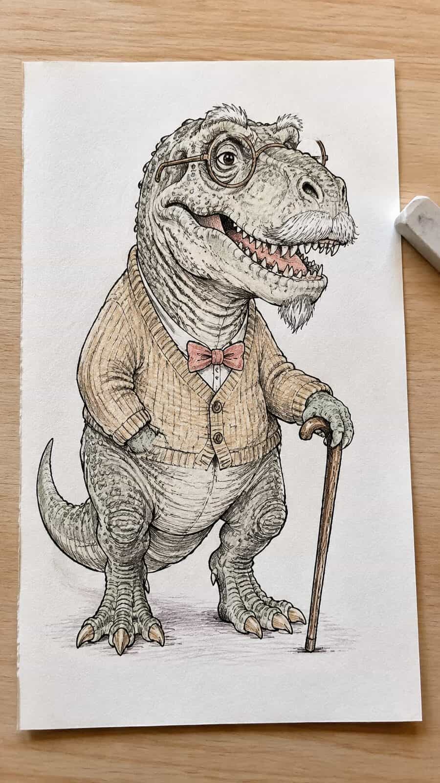 20 Hilarious Drawing Ideas Guaranteed to Make You Laugh 24 Hand-drawn the grandpasaurus rex in ink and colored-pencil drawing on textured paper, shown in a straight overhead view — study 2