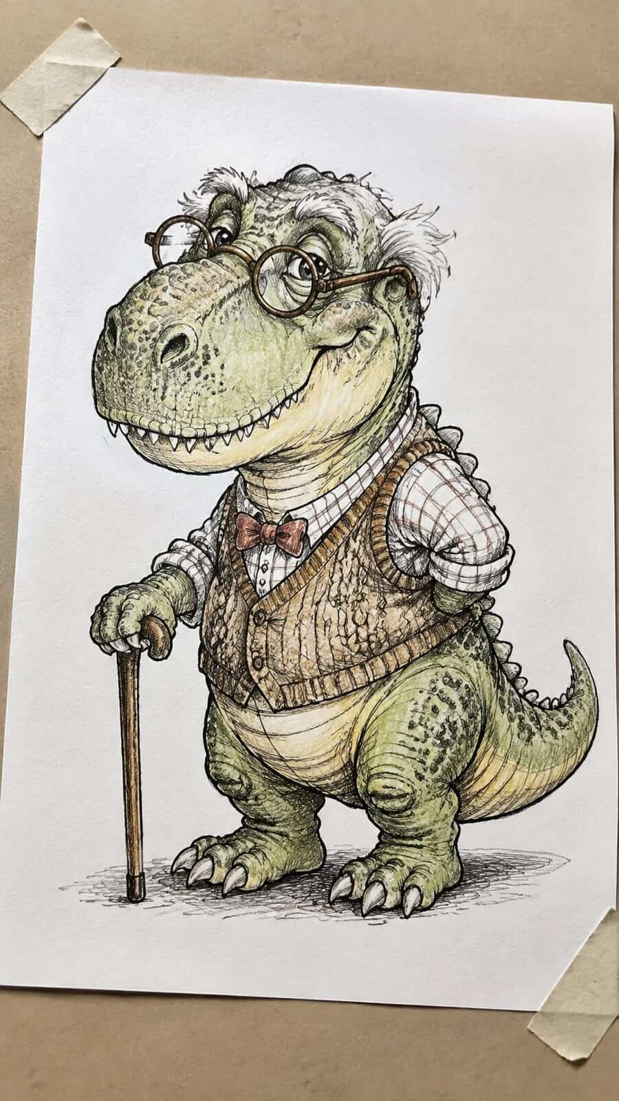 20 Hilarious Drawing Ideas Guaranteed to Make You Laugh 25 Hand-drawn the grandpasaurus rex in ink and colored-pencil drawing on textured paper, shown in a gentle oblique desk view that shows — study 3