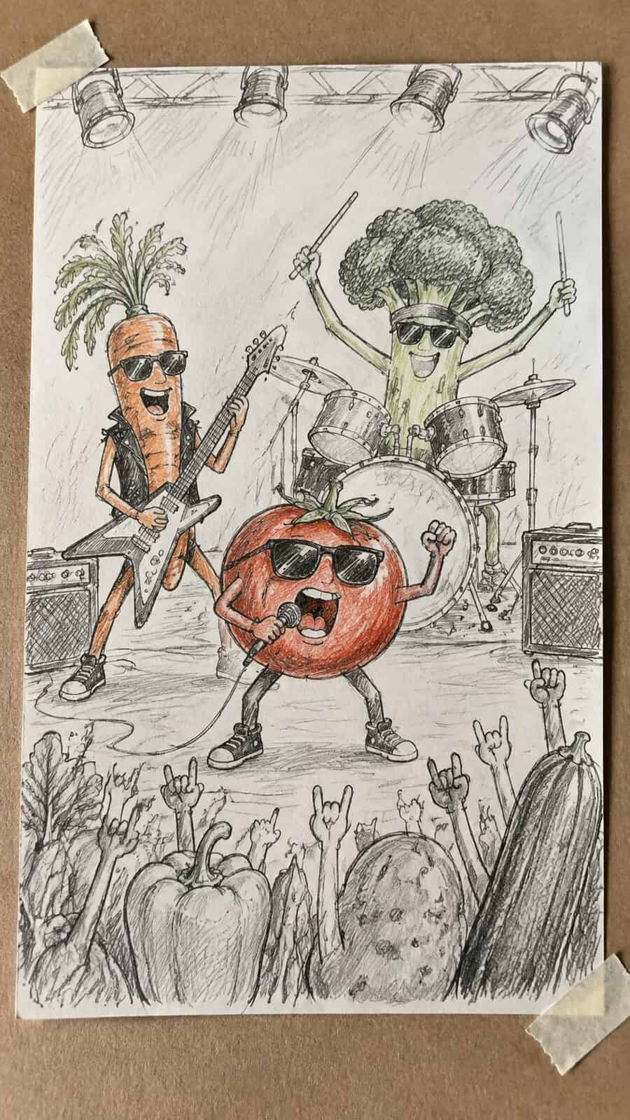 20 Hilarious Drawing Ideas Guaranteed to Make You Laugh 26 Hand-drawn the unlikely band of veggies in mixed-media hand drawing on textured paper, shown in a straight overhead view — study 1