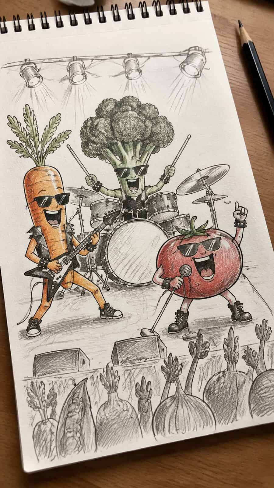 20 Hilarious Drawing Ideas Guaranteed to Make You Laugh 27 Hand-drawn the unlikely band of veggies in mixed-media hand drawing on textured paper, shown in a gentle oblique desk view that shows — study 2