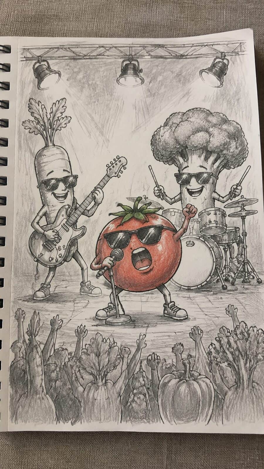 20 Hilarious Drawing Ideas Guaranteed to Make You Laugh 28 Hand-drawn the unlikely band of veggies in mixed-media hand drawing on textured paper, shown in a close overhead crop — study 3