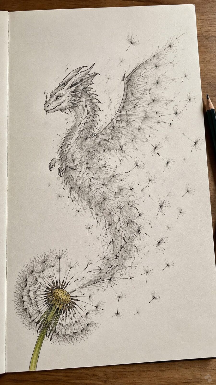 20 Hilarious Drawing Ideas Guaranteed to Make You Laugh 29 Hand-drawn the dandelion dragon in mixed-media hand drawing on textured paper, shown in a slightly off-center overhead composition — study 1