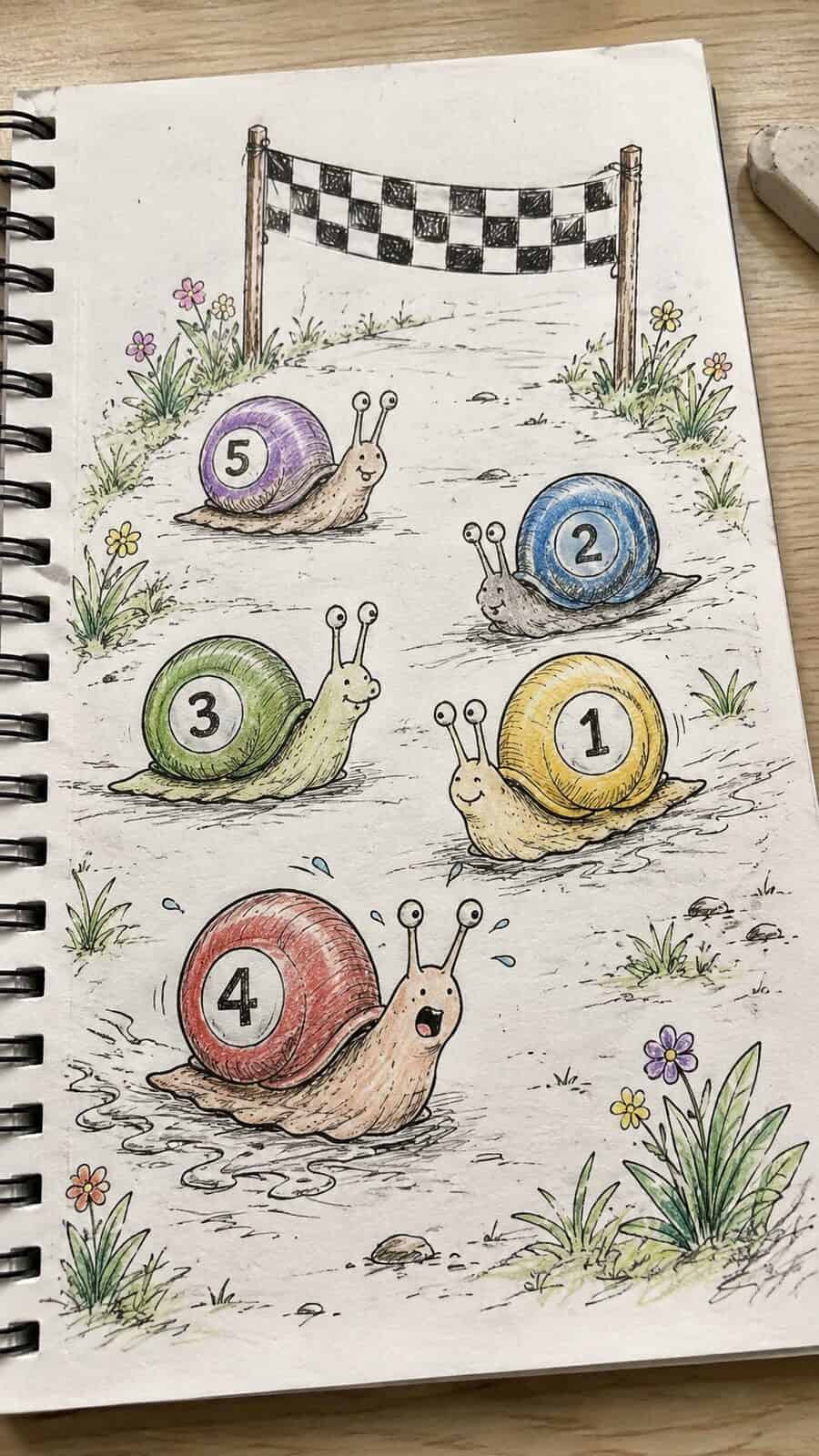 20 Hilarious Drawing Ideas Guaranteed to Make You Laugh 31 Hand-drawn the silly snail race in ink and colored-pencil drawing on textured paper, shown in a close overhead crop — study 1