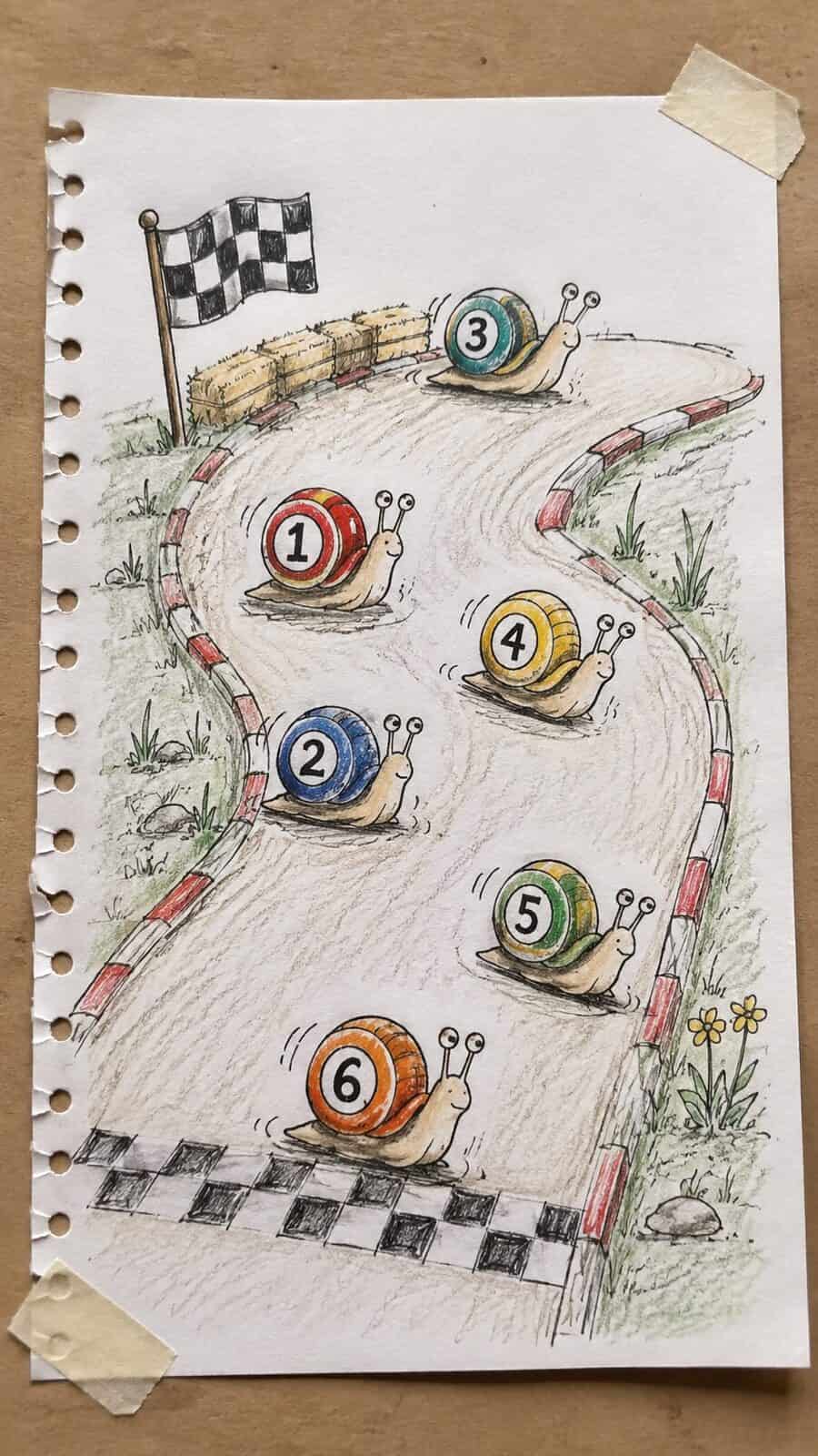 20 Hilarious Drawing Ideas Guaranteed to Make You Laugh 32 Hand-drawn the silly snail race in ink and colored-pencil drawing on textured paper, shown in a slightly off-center overhead — study 2