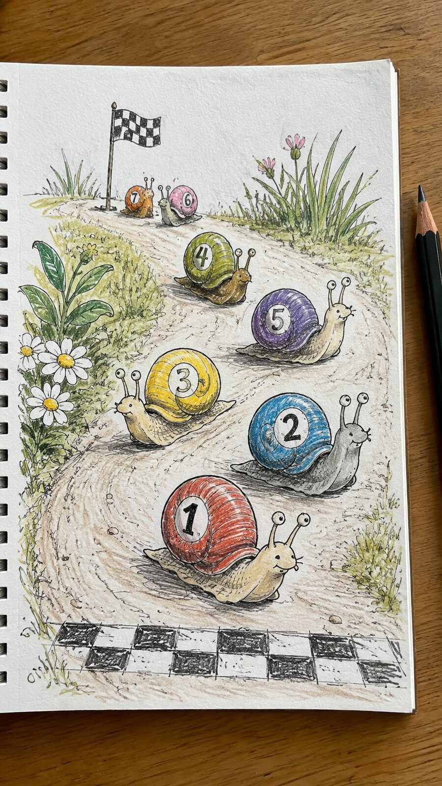 20 Hilarious Drawing Ideas Guaranteed to Make You Laugh 33 Hand-drawn the silly snail race in ink and colored-pencil drawing on textured paper, shown in a straight overhead view — study 3