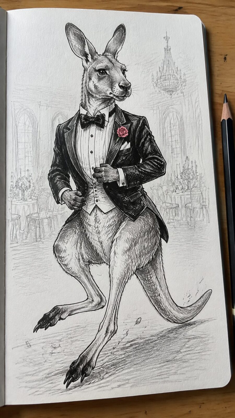 20 Hilarious Drawing Ideas Guaranteed to Make You Laugh 34 Hand-drawn kangaroo in a tuxedo in mixed-media hand drawing on textured paper, shown in a close overhead crop — study 1