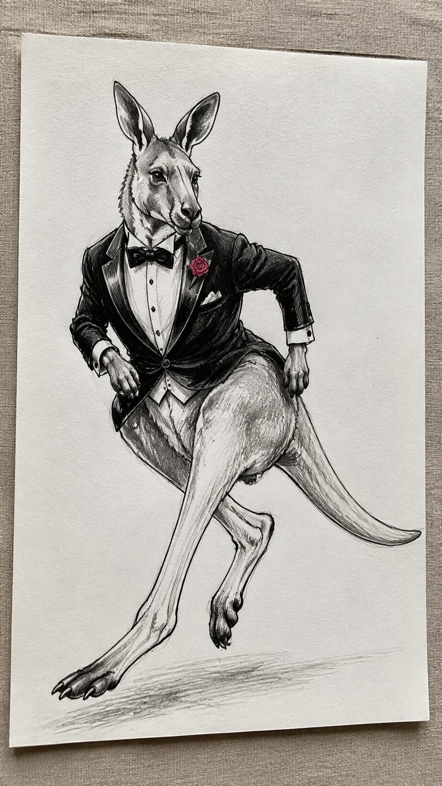 20 Hilarious Drawing Ideas Guaranteed to Make You Laugh 35 Hand-drawn kangaroo in a tuxedo in mixed-media hand drawing on textured paper, shown in a slightly off-center overhead composition — study 2