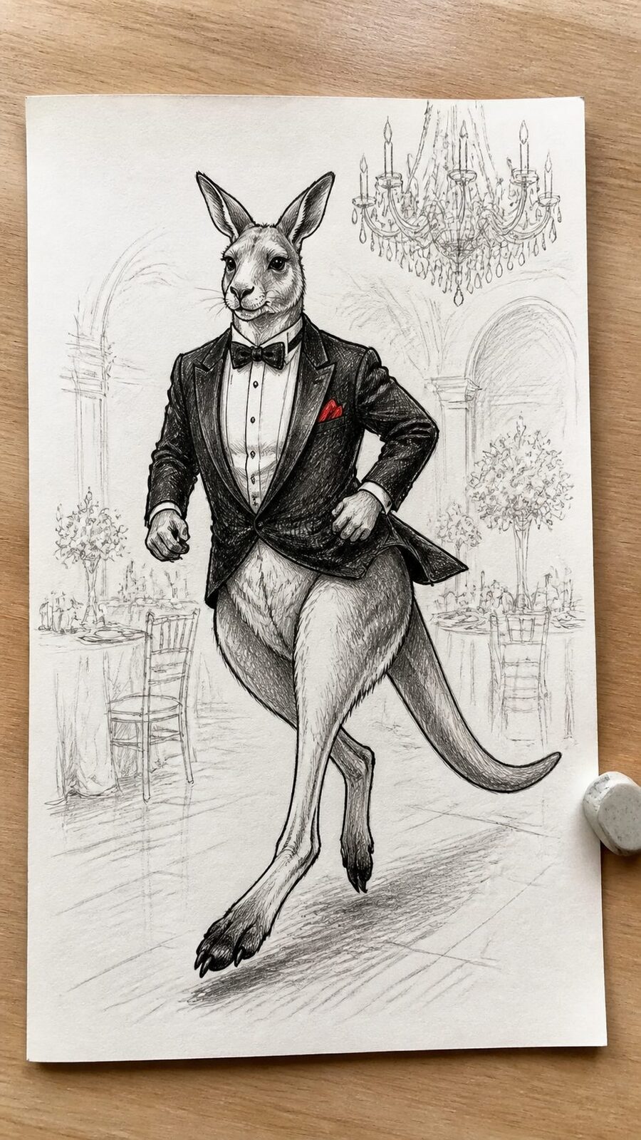 20 Hilarious Drawing Ideas Guaranteed to Make You Laugh 36 Hand-drawn kangaroo in a tuxedo in mixed-media hand drawing on textured paper, shown in a straight overhead view — study 3
