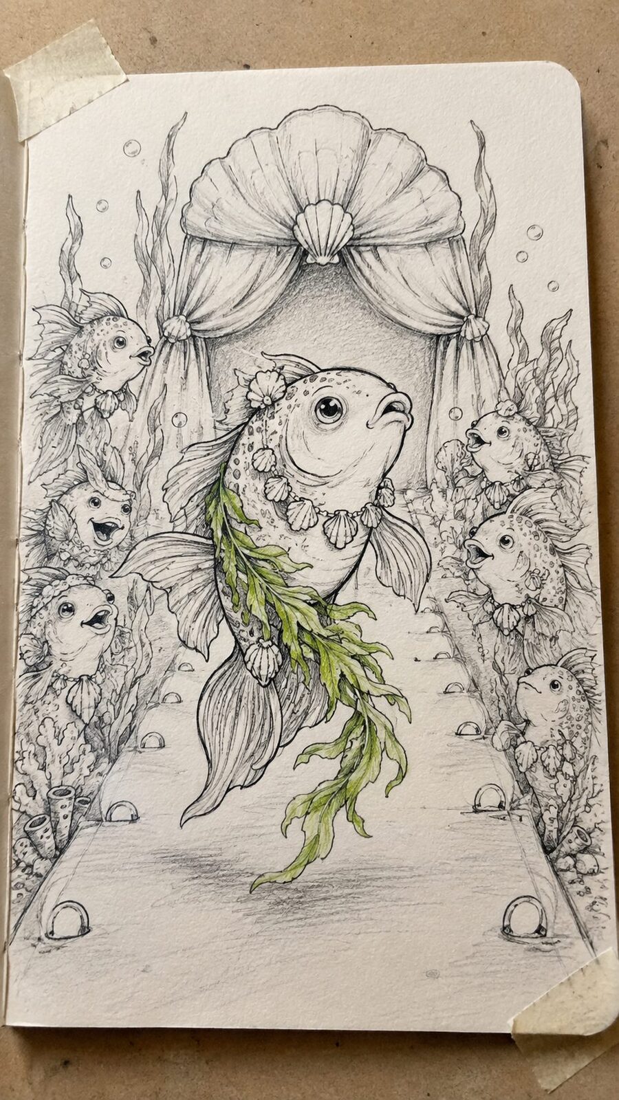 20 Hilarious Drawing Ideas Guaranteed to Make You Laugh 37 Hand-drawn the fishbowl fashion show in mixed-media hand drawing on textured paper, shown in a slightly off-center overhead — study 1