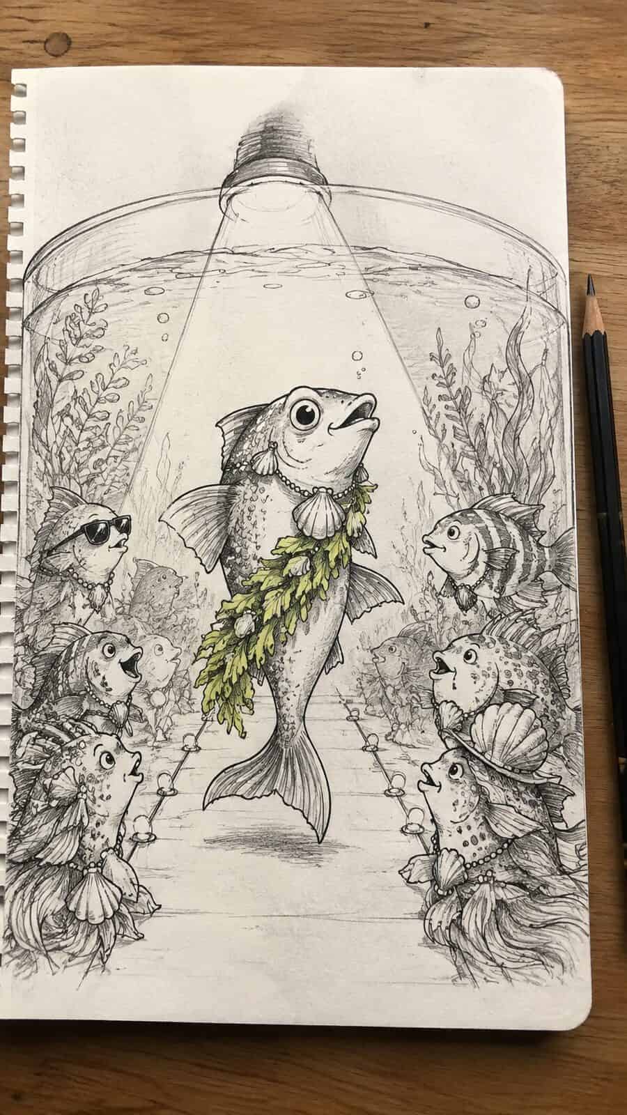 20 Hilarious Drawing Ideas Guaranteed to Make You Laugh 38 Hand-drawn the fishbowl fashion show in mixed-media hand drawing on textured paper, shown in a straight overhead view — study 2