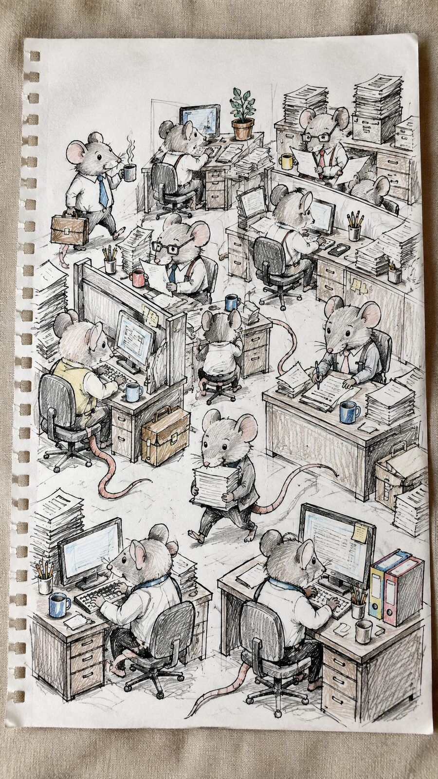 20 Hilarious Drawing Ideas Guaranteed to Make You Laugh 40 Hand-drawn the rat race office in ink and colored-pencil drawing on textured paper, shown in a close overhead crop — study 1