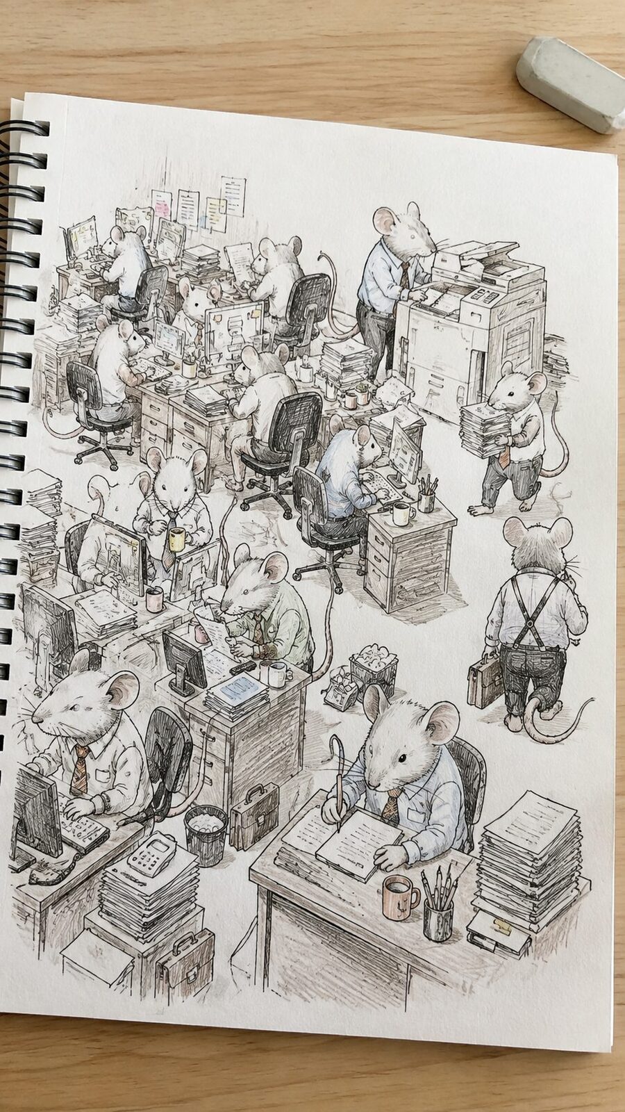 20 Hilarious Drawing Ideas Guaranteed to Make You Laugh 41 Hand-drawn the rat race office in ink and colored-pencil drawing on textured paper, shown in a slightly off-center overhead — study 2