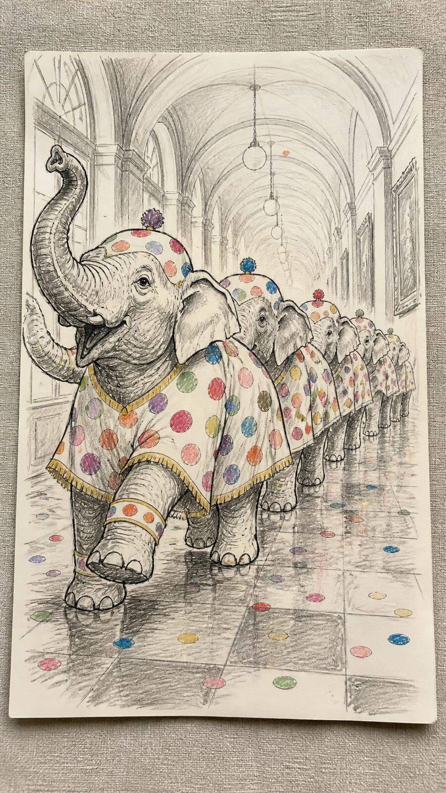 20 Hilarious Drawing Ideas Guaranteed to Make You Laugh 42 Hand-drawn the polka dot elephant parade in mixed-media hand drawing on textured paper, shown in a straight overhead view — study 1