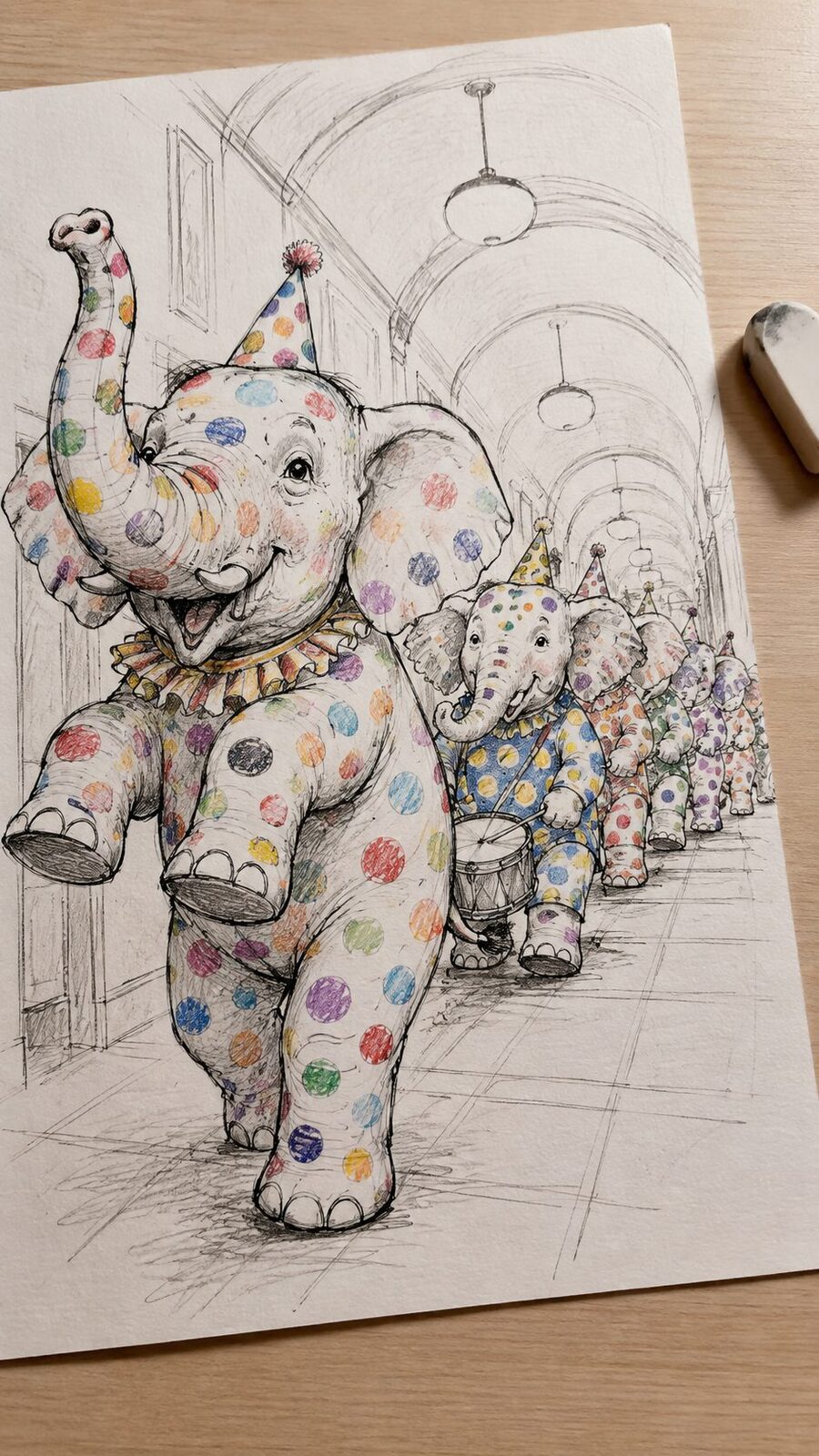 20 Hilarious Drawing Ideas Guaranteed to Make You Laugh 43 Hand-drawn the polka dot elephant parade in mixed-media hand drawing on textured paper, shown in a gentle oblique desk view that shows — study 2