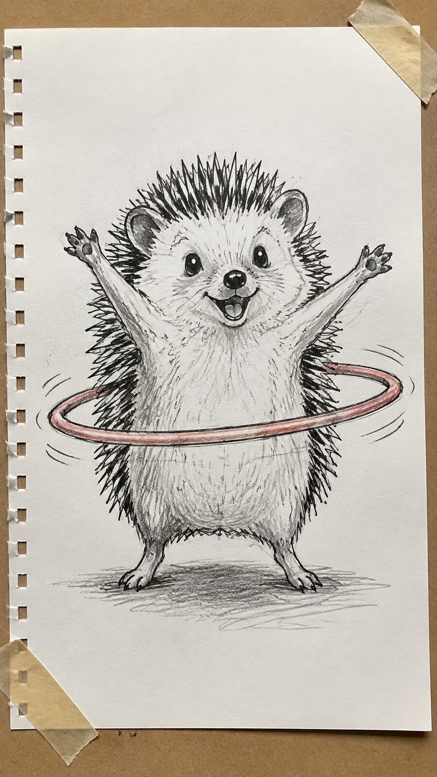 20 Hilarious Drawing Ideas Guaranteed to Make You Laugh 44 Hand-drawn the hula hoop hedgehog in mixed-media hand drawing on textured paper, shown in a close overhead crop — study 1