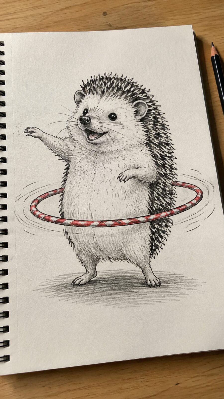 20 Hilarious Drawing Ideas Guaranteed to Make You Laugh 45 Hand-drawn the hula hoop hedgehog in mixed-media hand drawing on textured paper, shown in a slightly off-center overhead composition — study 2