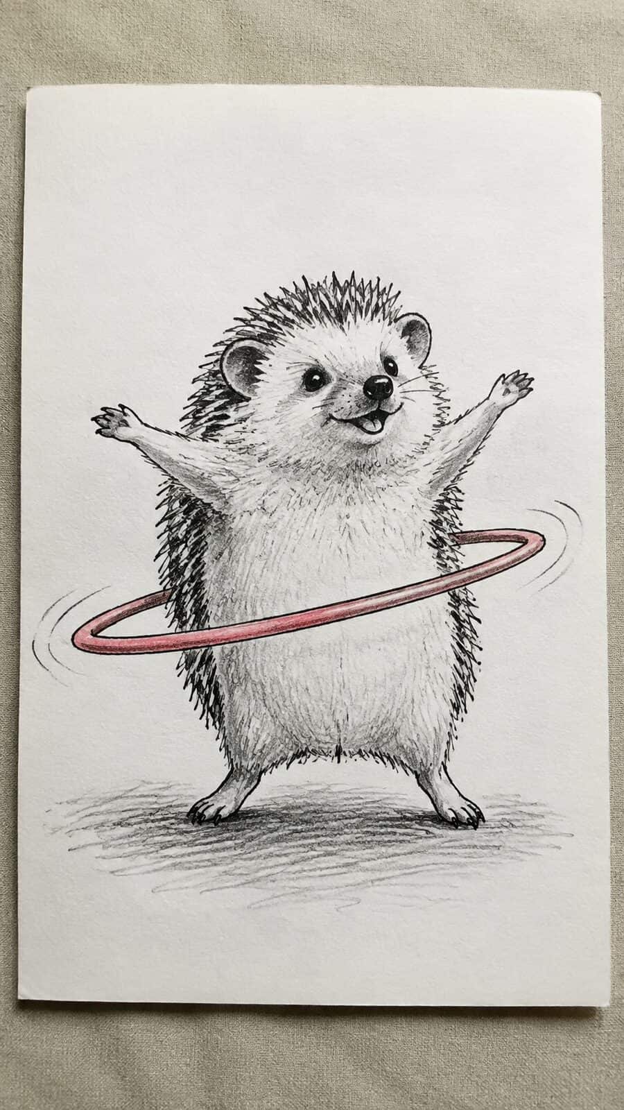 20 Hilarious Drawing Ideas Guaranteed to Make You Laugh 46 Hand-drawn the hula hoop hedgehog in mixed-media hand drawing on textured paper, shown in a straight overhead view — study 3