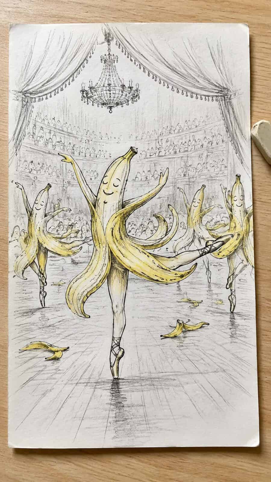 20 Hilarious Drawing Ideas Guaranteed to Make You Laugh 47 Hand-drawn the banana peel ballet in mixed-media hand drawing on textured paper, shown in a straight overhead view — study 1