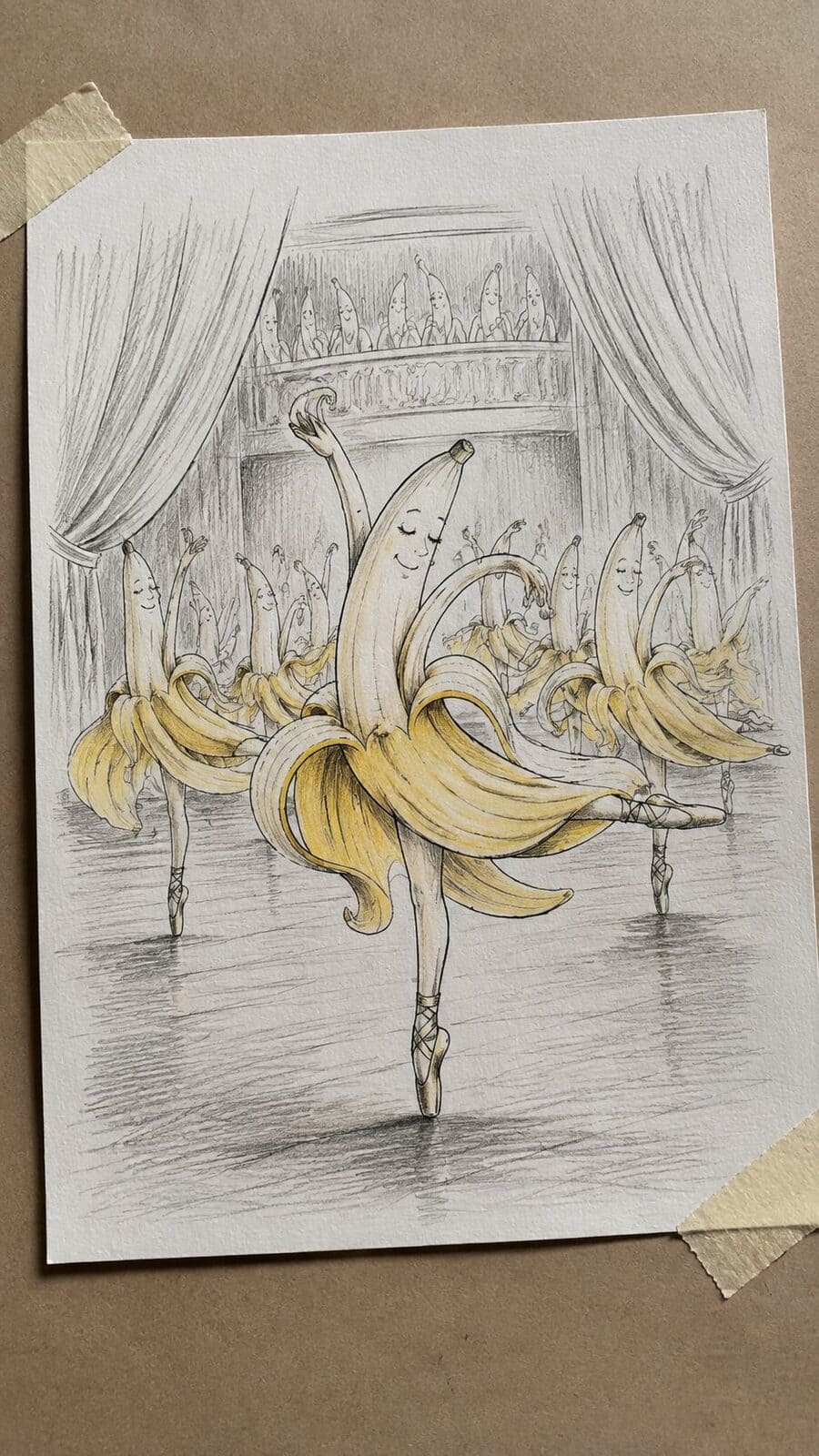 20 Hilarious Drawing Ideas Guaranteed to Make You Laugh 48 Hand-drawn the banana peel ballet in mixed-media hand drawing on textured paper, shown in a gentle oblique desk view that shows paper — study 2