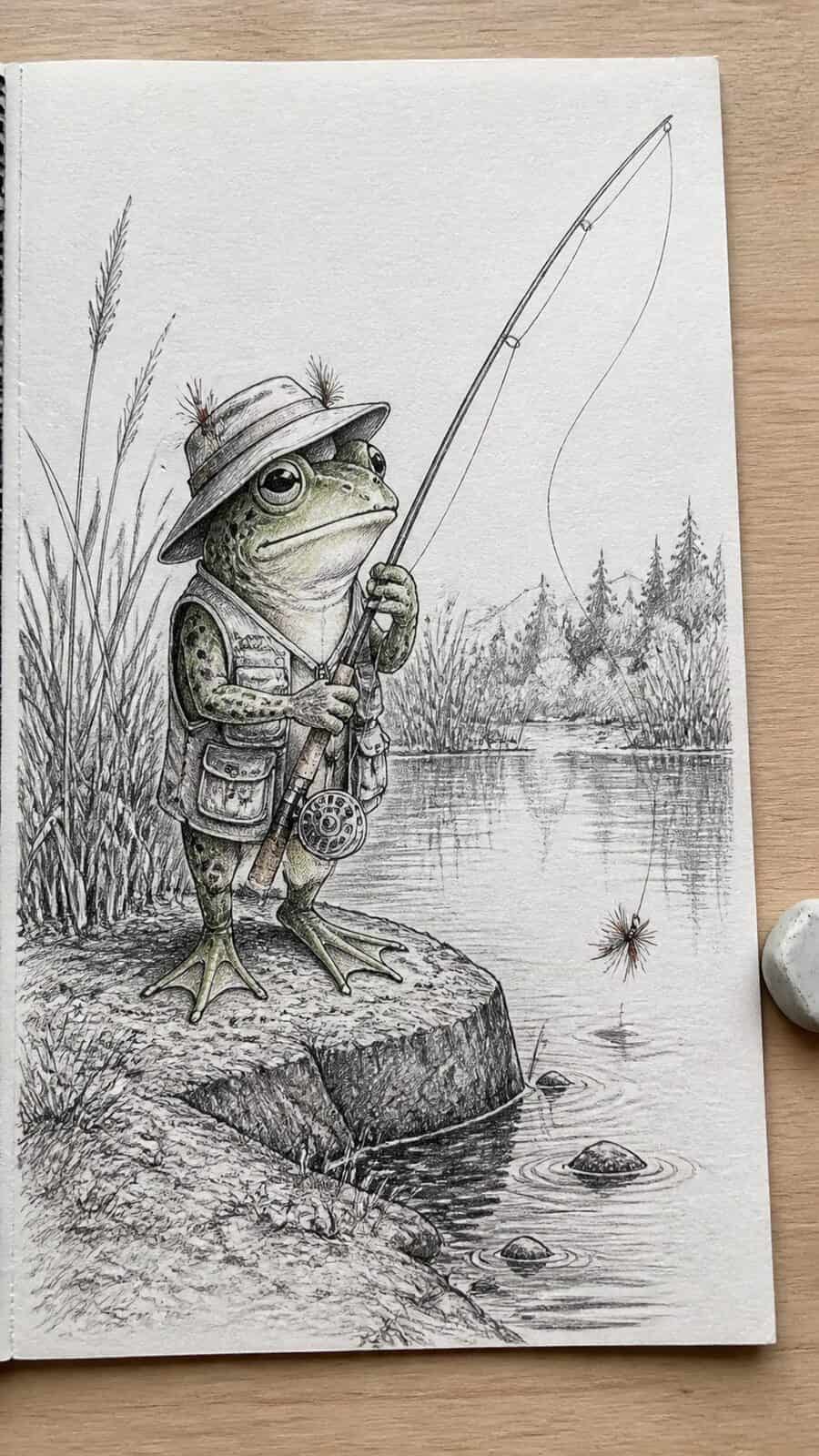 20 Hilarious Drawing Ideas Guaranteed to Make You Laugh 49 Hand-drawn the fly fishing frog in mixed-media hand drawing on textured paper, shown in a close overhead crop — study 1