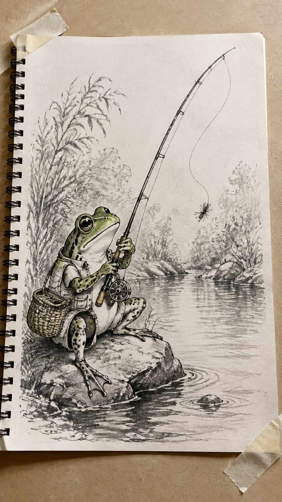 20 Hilarious Drawing Ideas Guaranteed to Make You Laugh 50 Hand-drawn the fly fishing frog in mixed-media hand drawing on textured paper, shown in a slightly off-center overhead composition — study 2