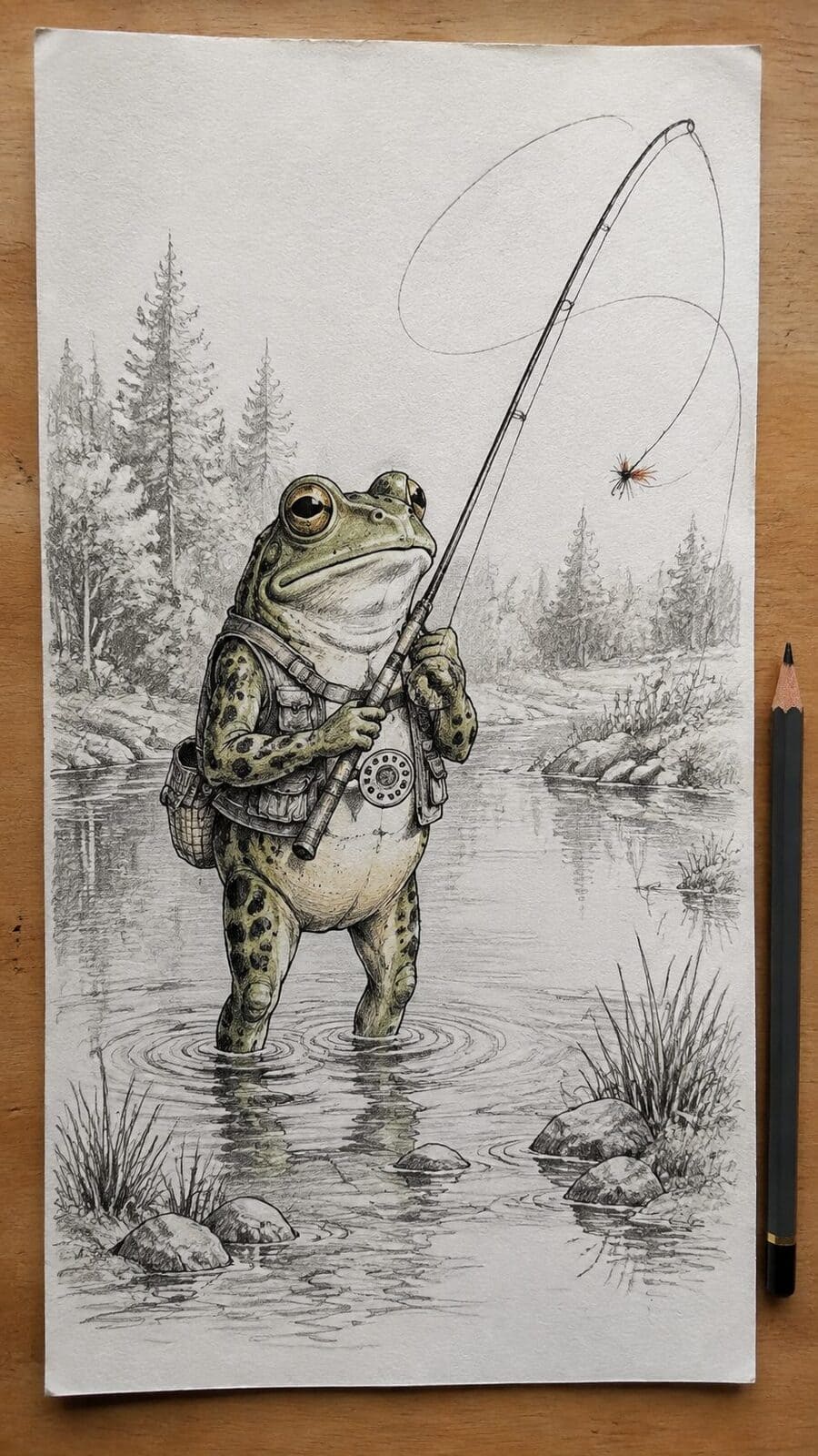 20 Hilarious Drawing Ideas Guaranteed to Make You Laugh 51 Hand-drawn the fly fishing frog in mixed-media hand drawing on textured paper, shown in a straight overhead view — study 3