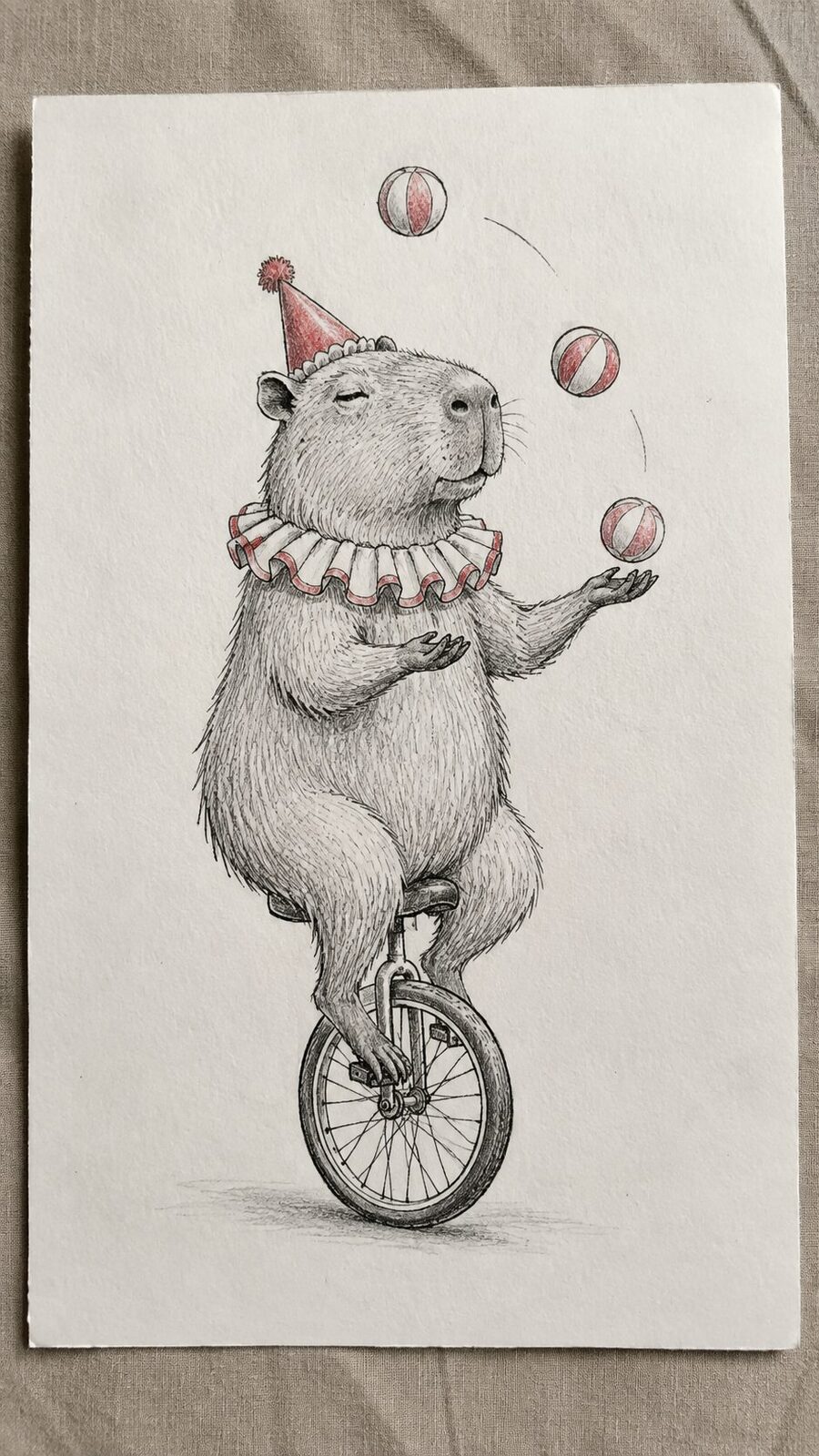 20 Hilarious Drawing Ideas Guaranteed to Make You Laugh 52 Hand-drawn the circus capybara in mixed-media hand drawing on textured paper, shown in a slightly off-center overhead composition — study 1