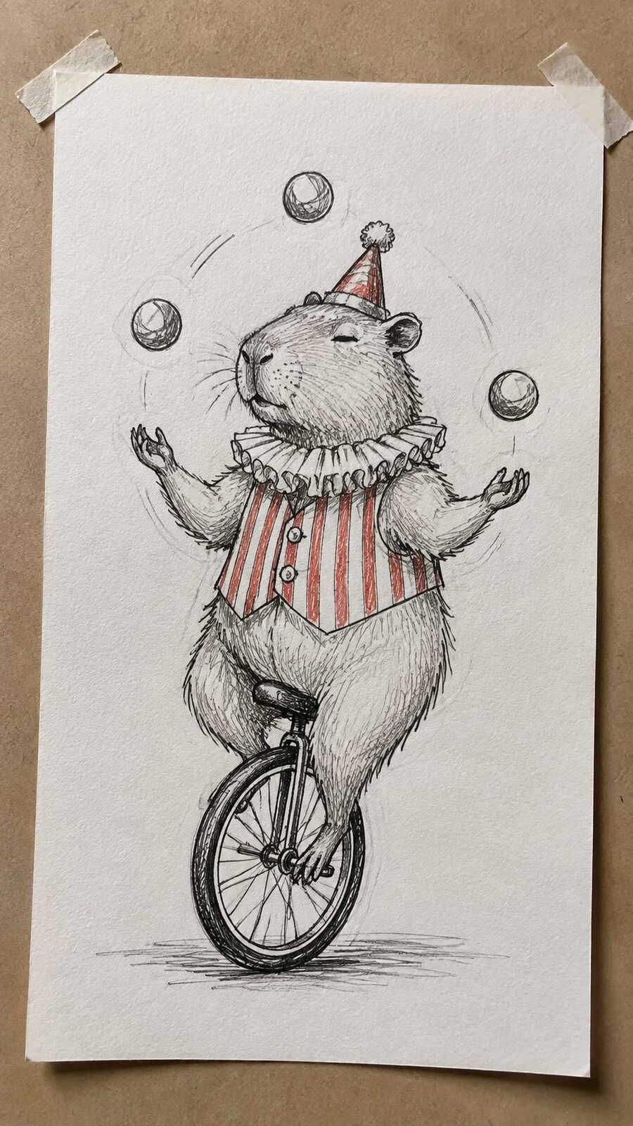 20 Hilarious Drawing Ideas Guaranteed to Make You Laugh 54 Hand-drawn the circus capybara in mixed-media hand drawing on textured paper, shown in a gentle oblique desk view that shows paper — study 3