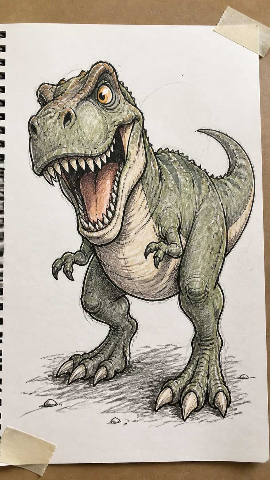 Hand-drawn t-rex cartoon style in ink and colored-pencil drawing on textured paper, shown in a straight overhead view — study 1