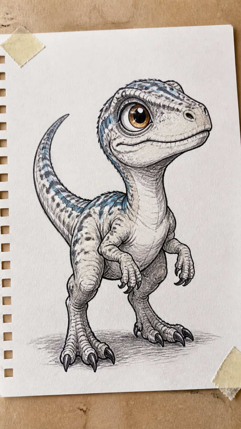Hand-drawn cute velociraptor in ink and colored-pencil drawing on textured paper, shown in a slightly off-center overhead composition — study 1