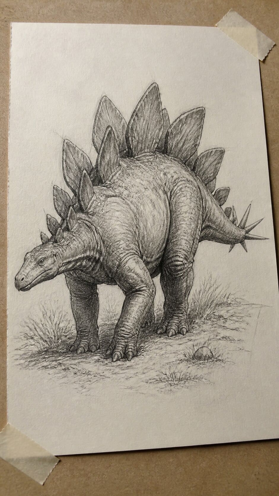 Hand-drawn stegosaurus sketch in graphite drawing on textured paper, shown in a slightly off-center overhead composition, like an — study 1