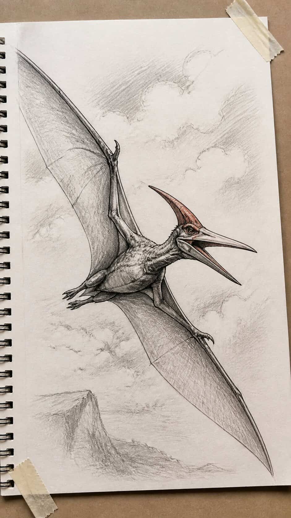 Hand-drawn pterodactyl in flight in mixed-media hand drawing on textured paper, shown in a close overhead crop — study 1