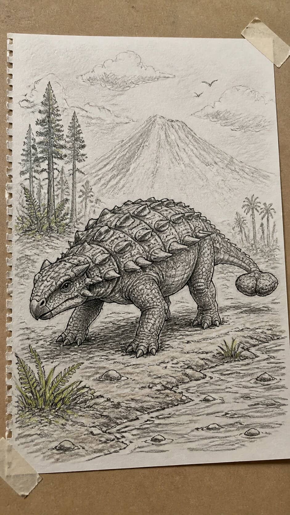 Hand-drawn ankylosaurus with background in mixed-media hand drawing on textured paper, shown in a close overhead crop — study 1