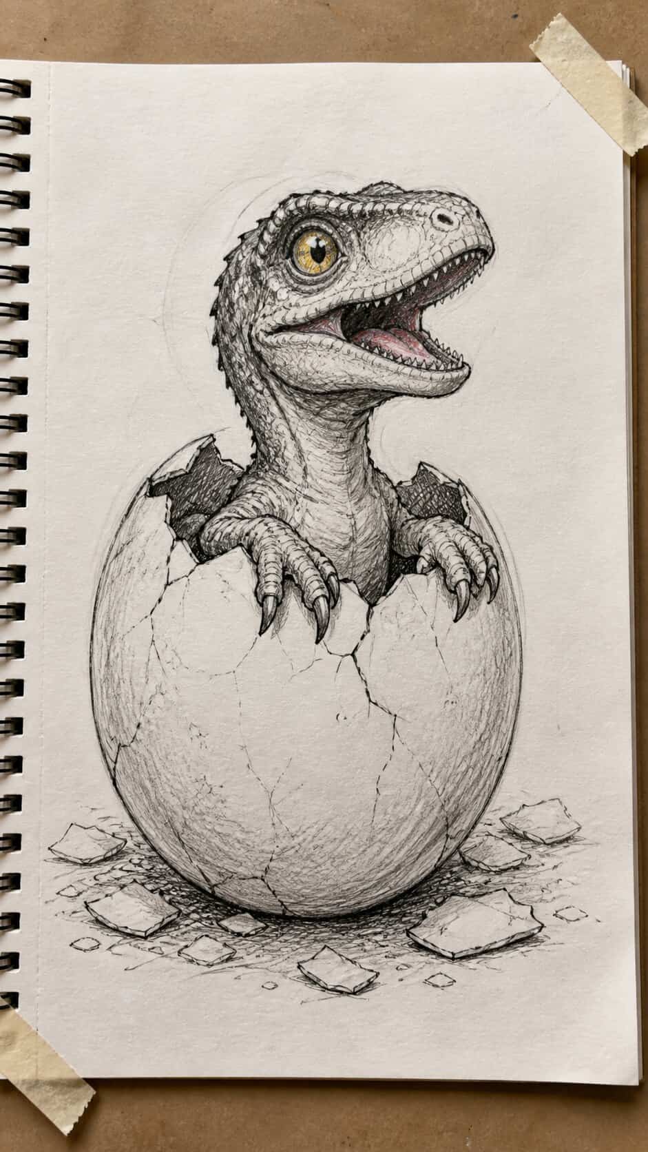 Hand-drawn dinosaur hatching from egg in mixed-media hand drawing on textured paper, shown in a straight overhead view — study 1