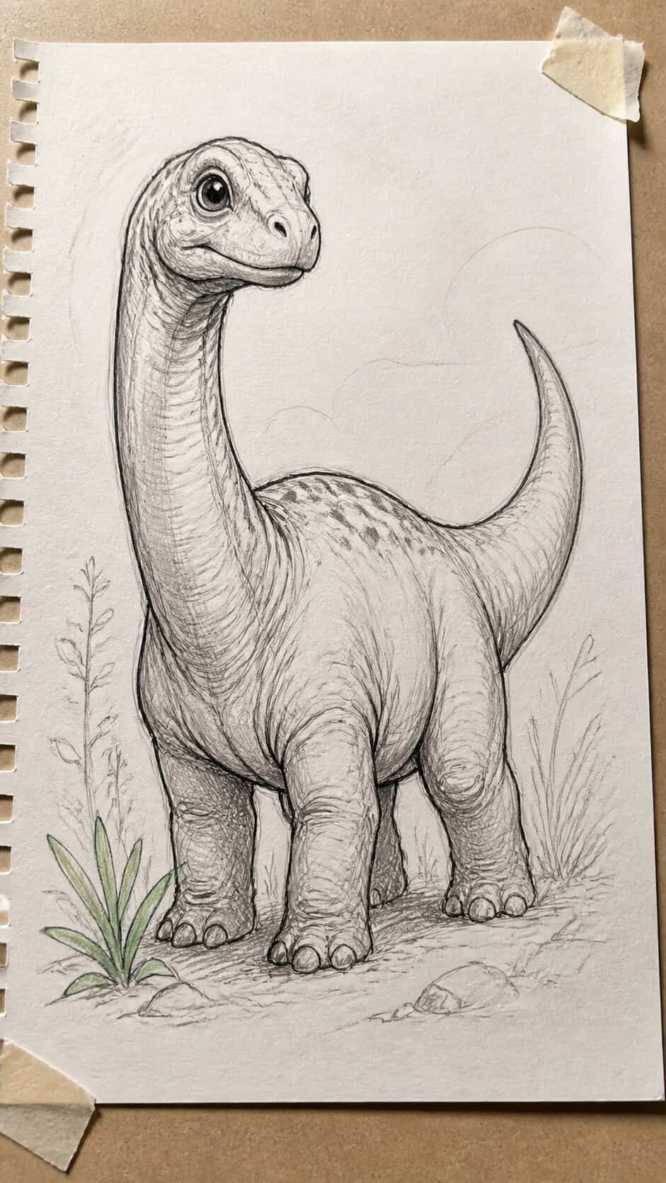 Hand-drawn baby diplodocus in mixed-media hand drawing on textured paper, shown in a slightly off-center overhead composition, like an — study 1