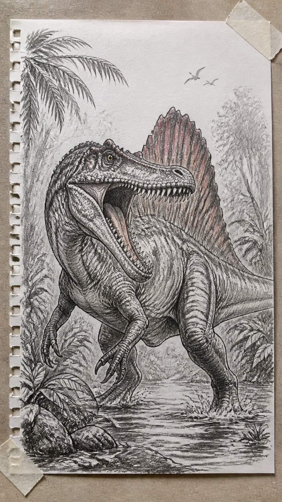 Hand-drawn spinosaurus in jungle in mixed-media hand drawing on textured paper, shown in a close overhead crop — study 1