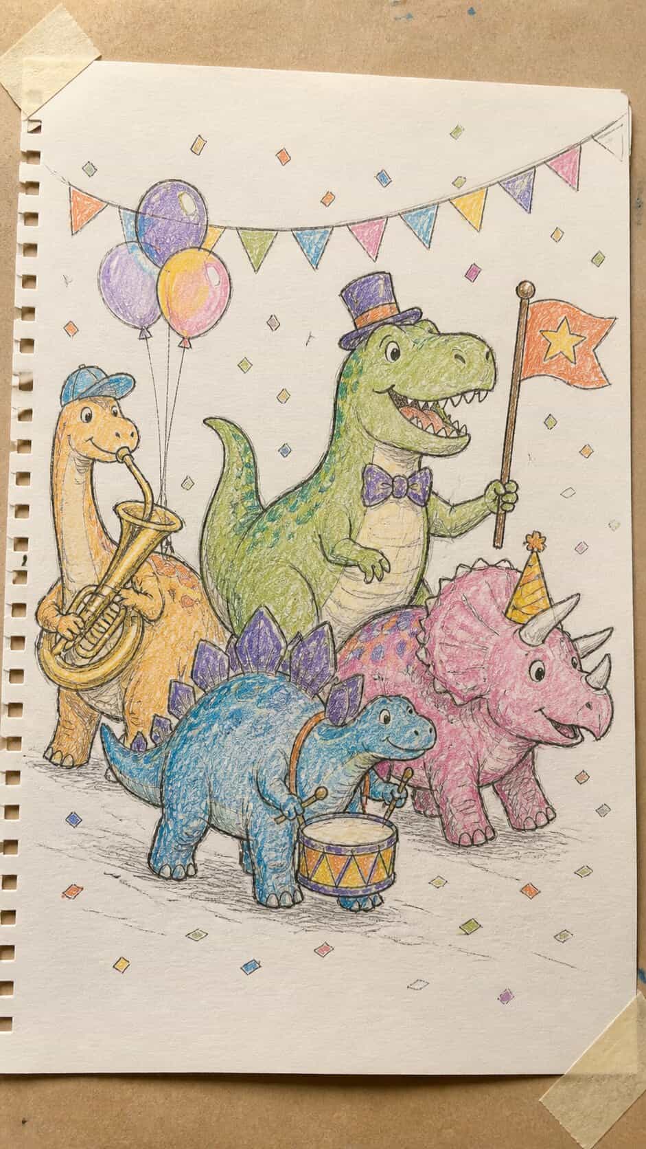 Hand-drawn colorful dinosaur parade in mixed-media hand drawing on textured paper, shown in a gentle oblique desk view that shows — study 1