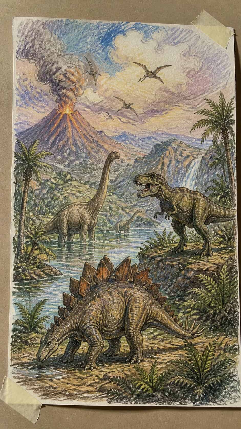 Hand-drawn prehistoric landscape with dinosaurs in colored-pencil and gouache drawing on textured paper, shown in a slightly — study 1