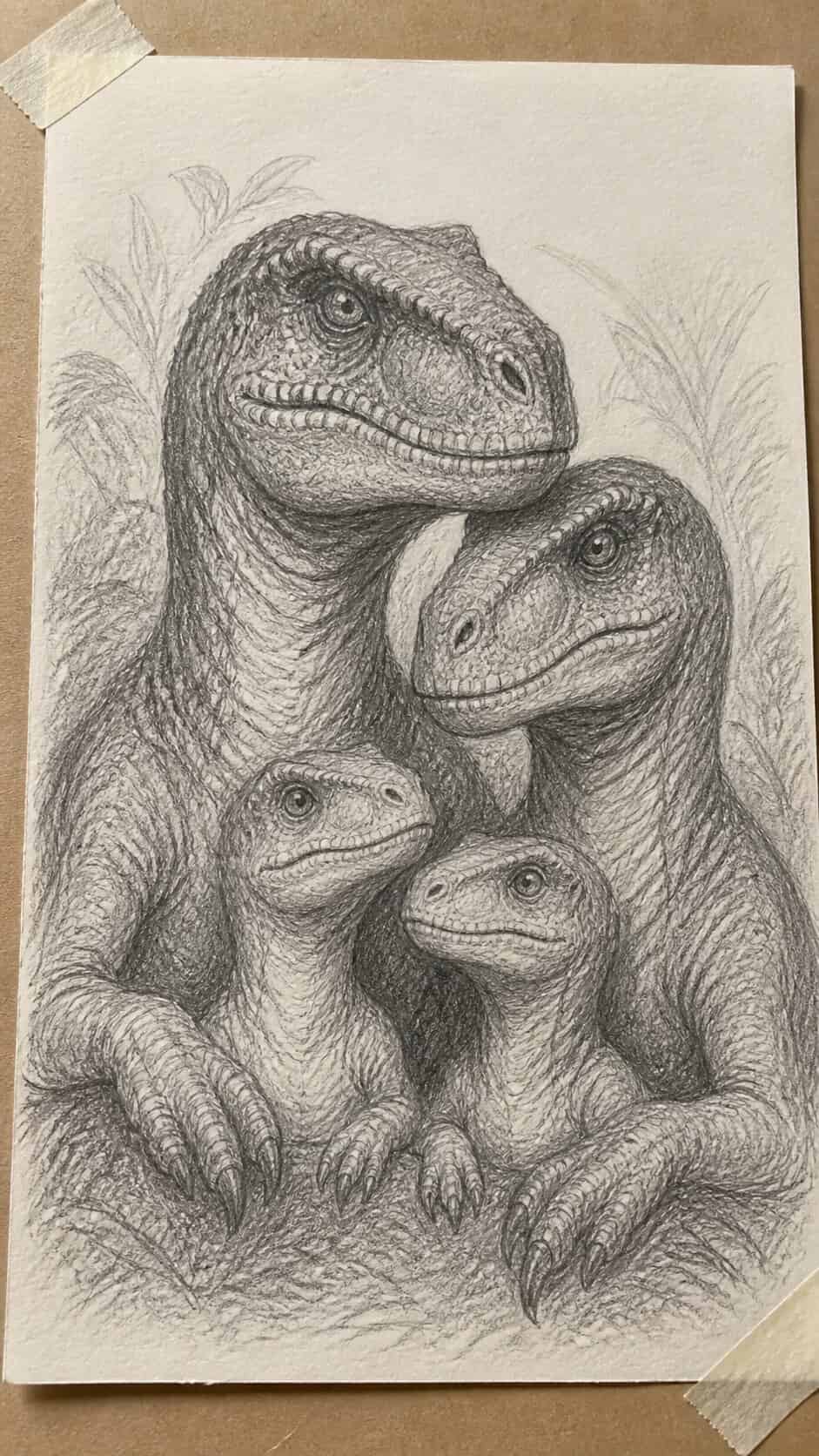 Hand-drawn dinosaur family portrait in graphite drawing on textured paper, shown in a straight overhead view — study 1
