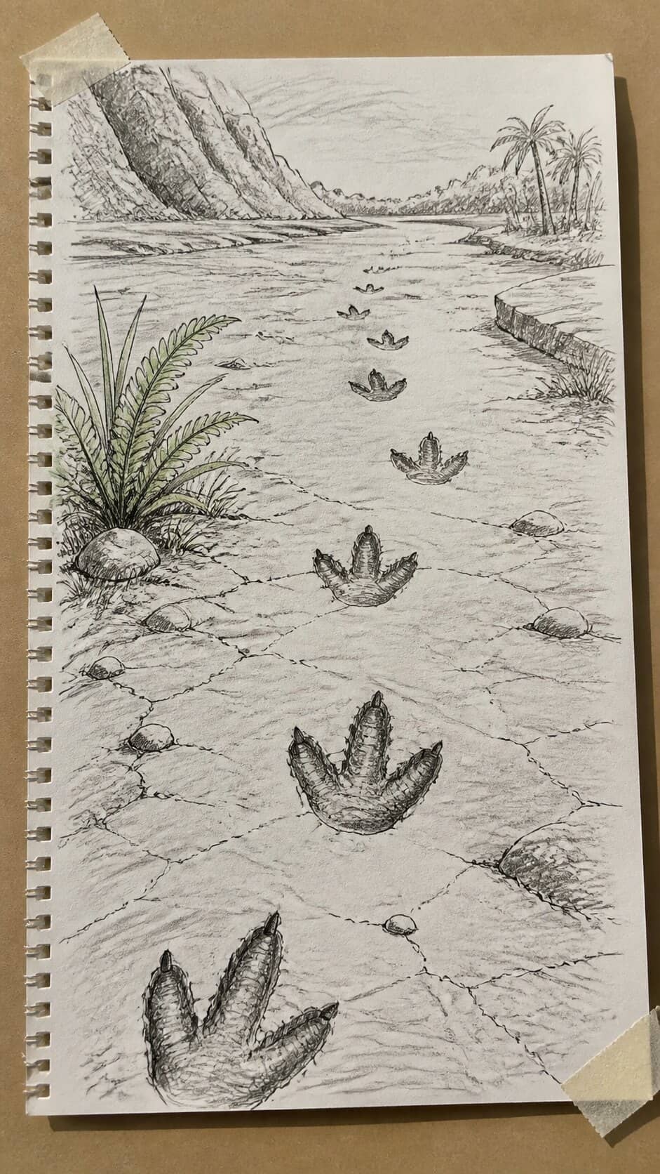 Hand-drawn dino footprints trail in mixed-media hand drawing on textured paper, shown in a close overhead crop — study 1