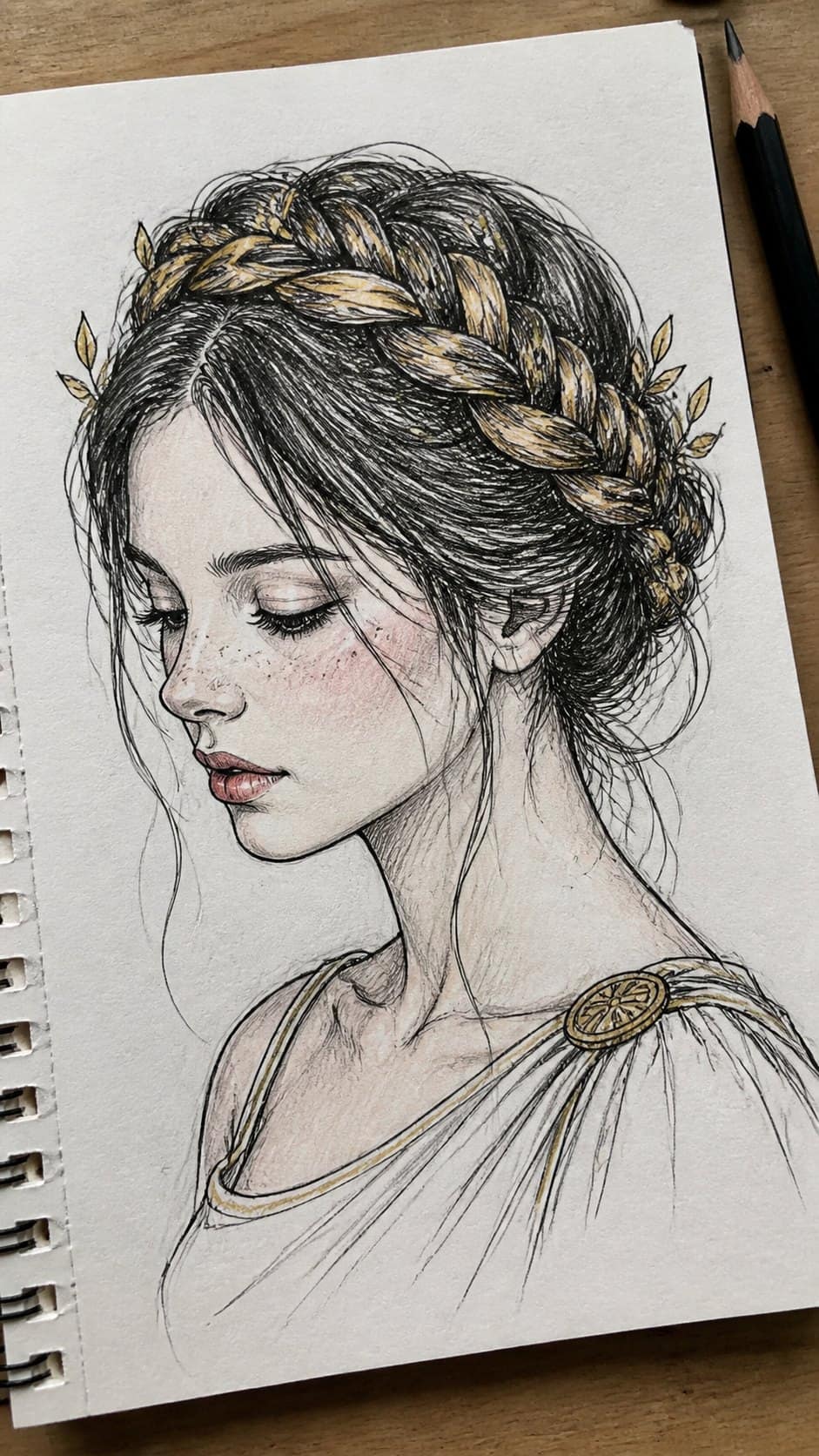 Hand-drawn braided crown in ink and colored-pencil drawing on textured paper, shown in a close overhead crop — study 1