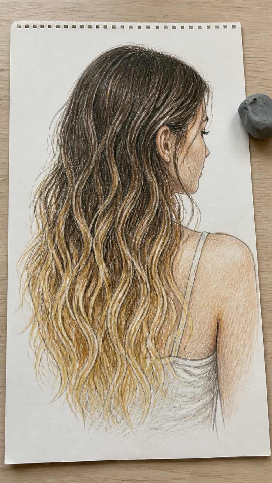 Hand-drawn beach waves with ombre in ink and colored-pencil drawing on textured paper, shown in a slightly off-center overhead — study 1