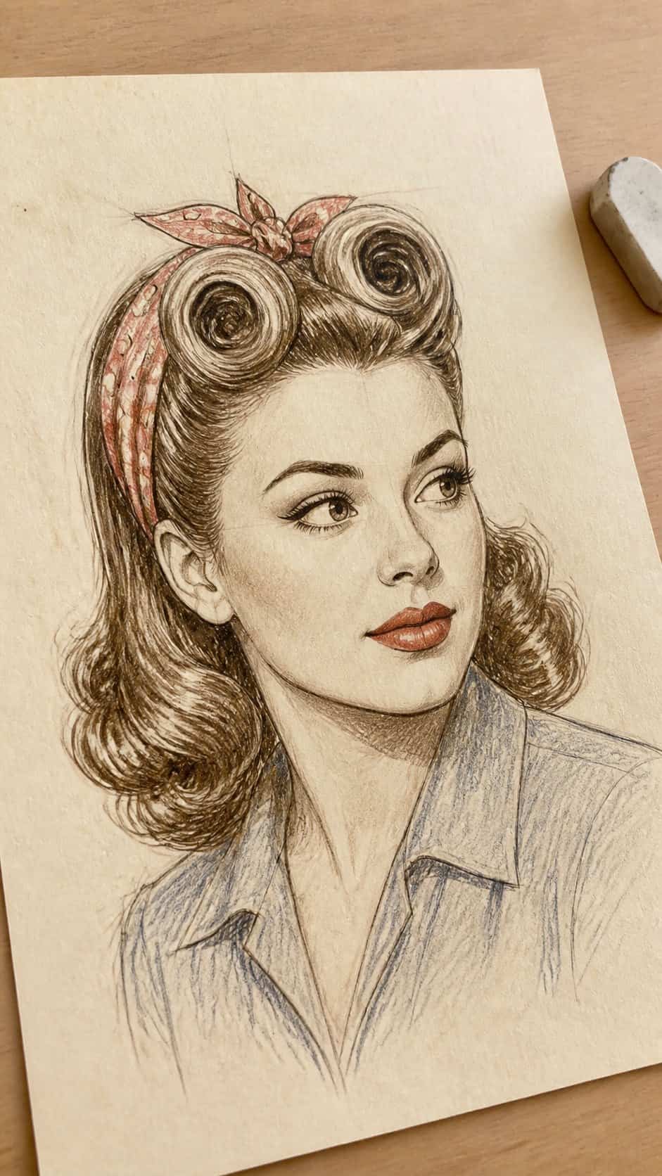 Hand-drawn vintage victory rolls in sepia ink drawing on textured paper, shown in a gentle oblique desk view that shows paper tooth — study 1